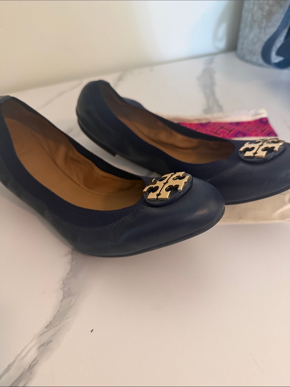 Tory Burch Navy Leather Logo Round-Toe Flats with Gold Emblem